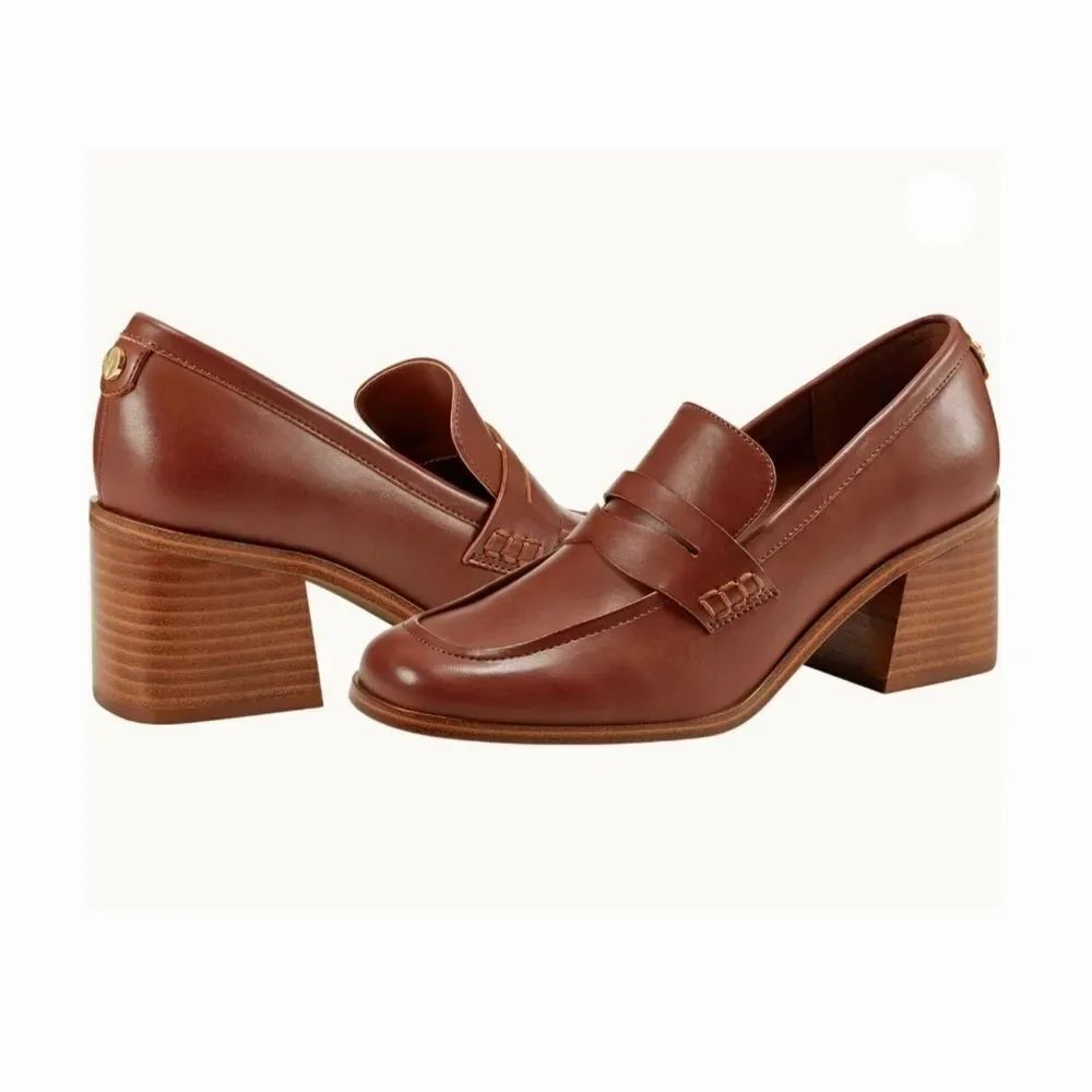 NEW Marc Fisher Kchris Brown Leather Stack Heel Block Heel Loafers Size 7.5